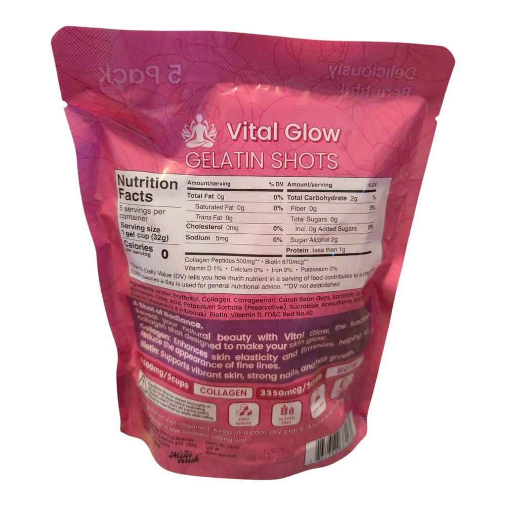 Vital Glow Collagen + Biotin Gelatin Shots 5 Pack Raspberry Delight Zero Sugar - Picture 2 of 2